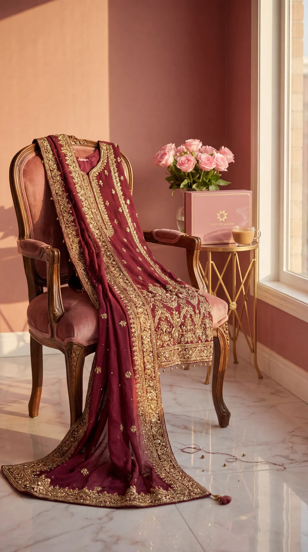Burgundy draped on chair